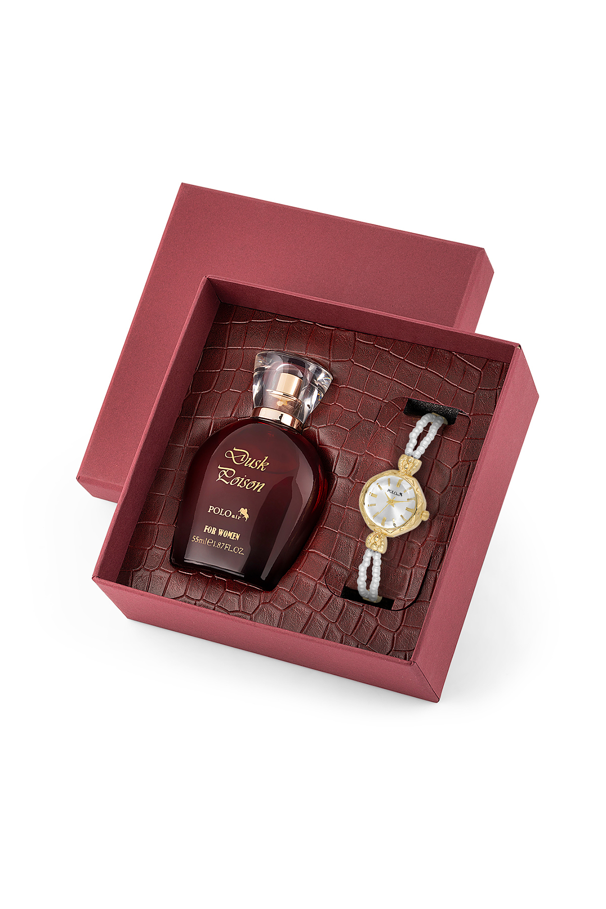 İnci Taşlı Görünümlü Kordon Kadın Kol Saati Parfüm Bordo Kutsunda Set Gold Beyaz Renk St-2174S1 Sarı St-2174S1 