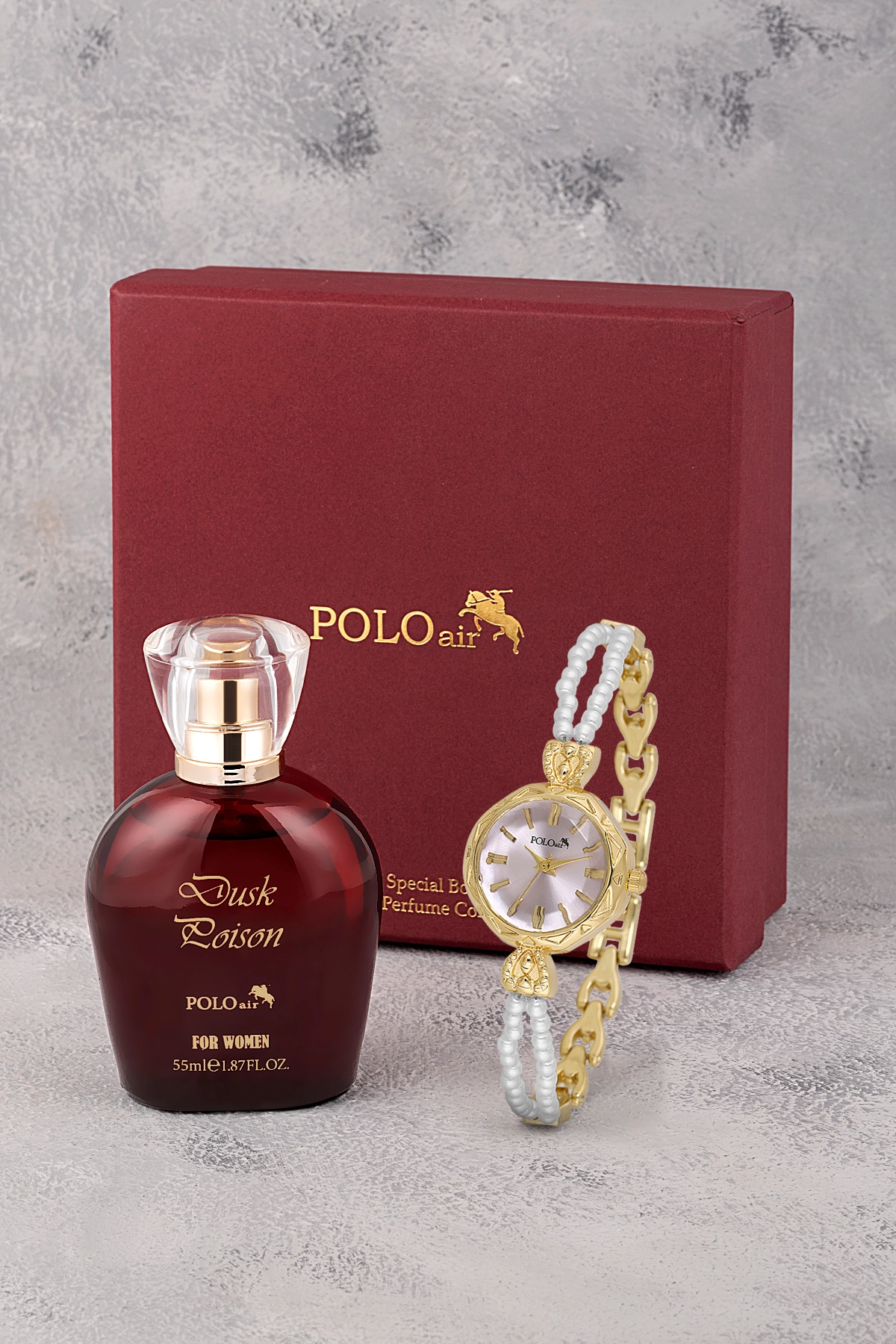 İnci Taşlı Görünümlü Kordon Kadın Kol Saati Parfüm Bordo Kutsunda Set Gold Lila Renk St-2174S7 Mor St-2174S7