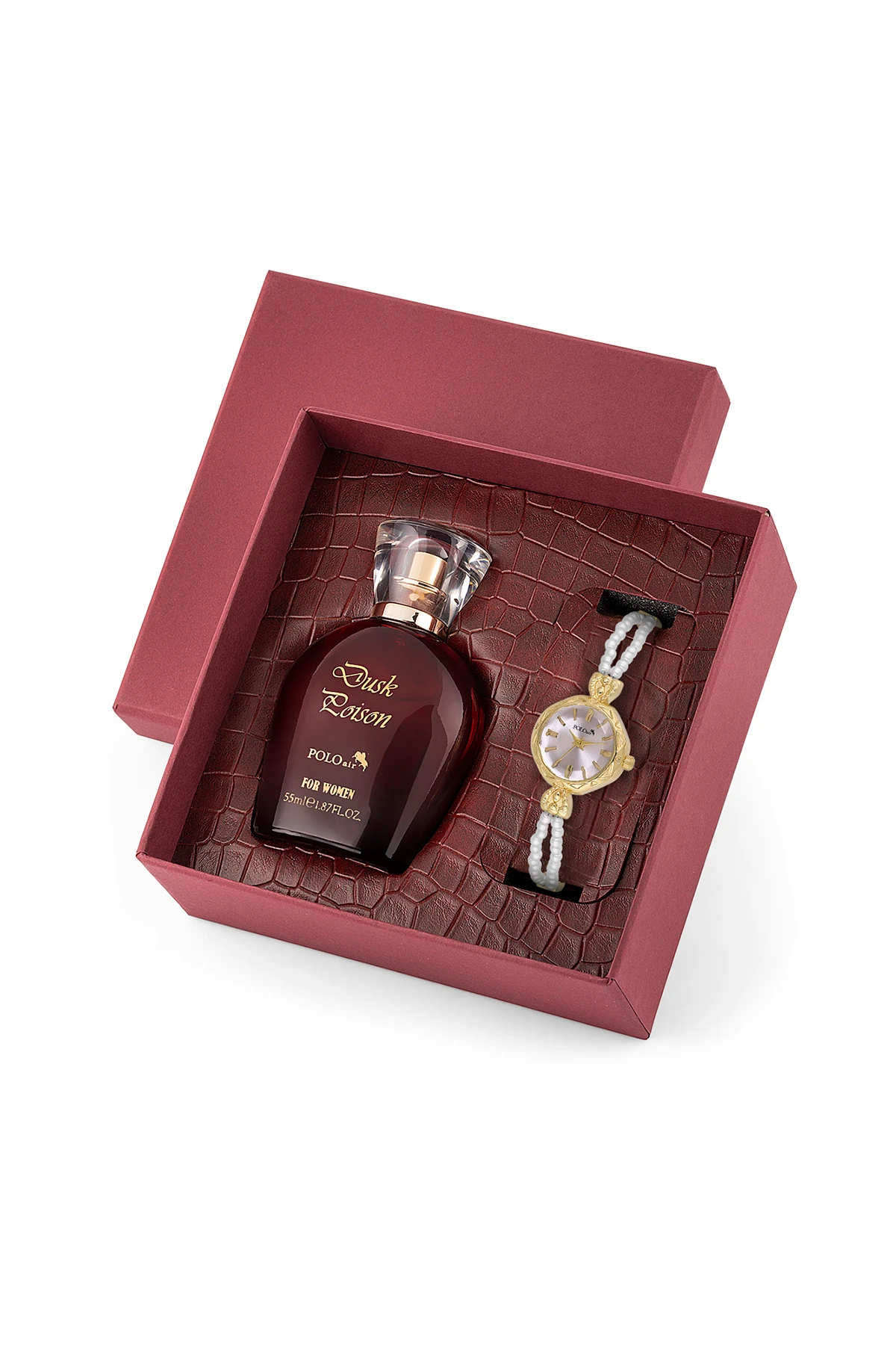 İnci Taşlı Görünümlü Kordon Kadın Kol Saati Parfüm Bordo Kutsunda Set Gold Lila Renk St-2174S7 Mor St-2174S7