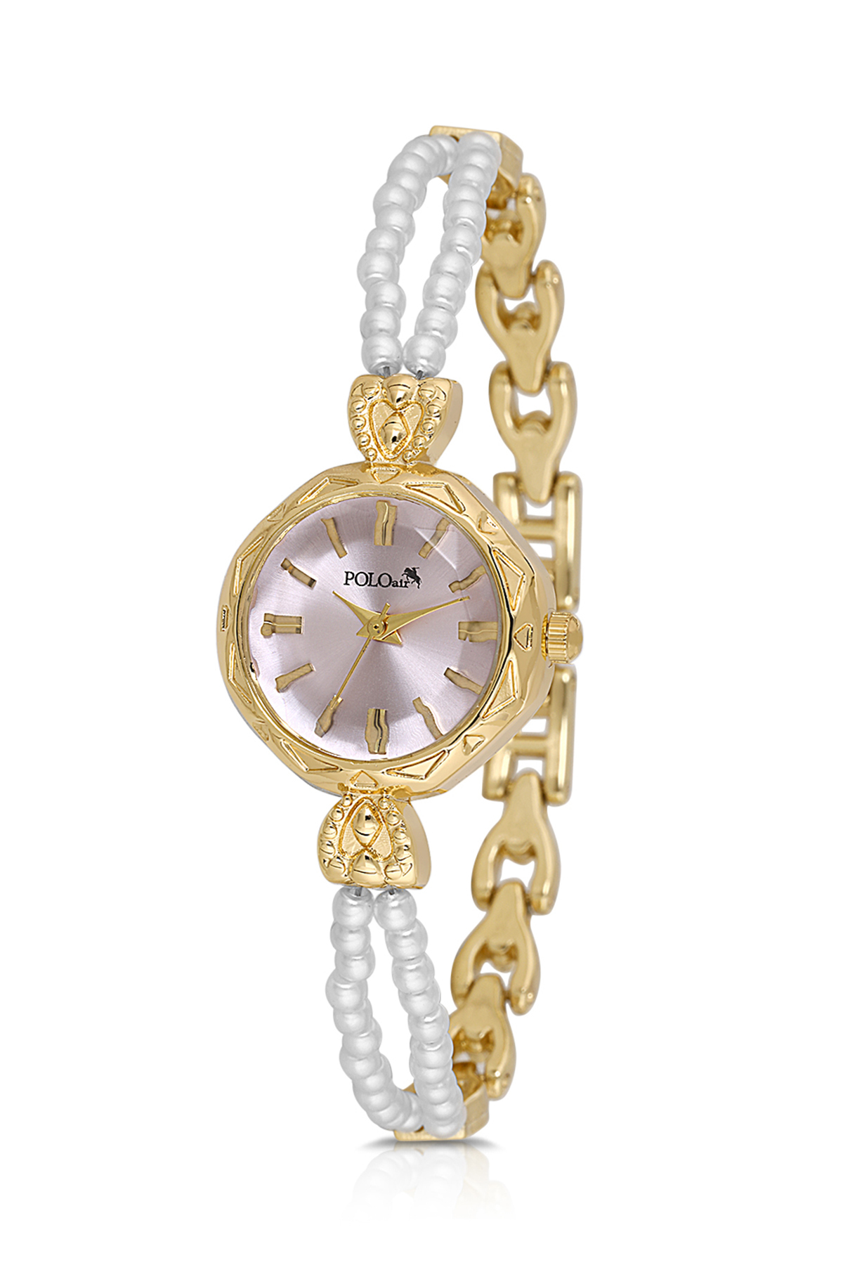 İnci Taşlı Görünümlü Kordon Kadın Kol Saati Parfüm Bordo Kutsunda Set Gold Lila Renk St-2174S7 Mor St-2174S7