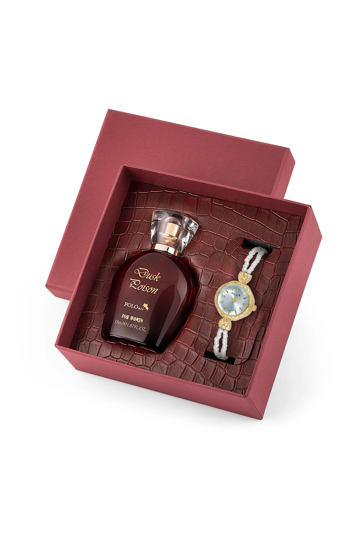 İnci Taşlı Görünümlü Kordon Kadın Kol Saati Parfüm Bordo Kutsunda Set Gold Mavi Renk St-2174S8 Mavi St-2174S8
