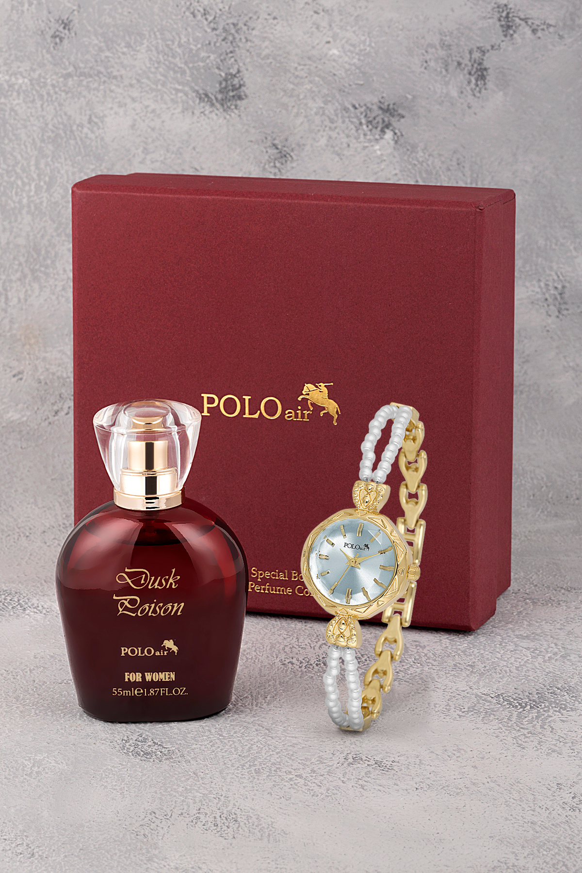 İnci Taşlı Görünümlü Kordon Kadın Kol Saati Parfüm Bordo Kutsunda Set Gold Mavi Renk St-2174S8 Mavi St-2174S8