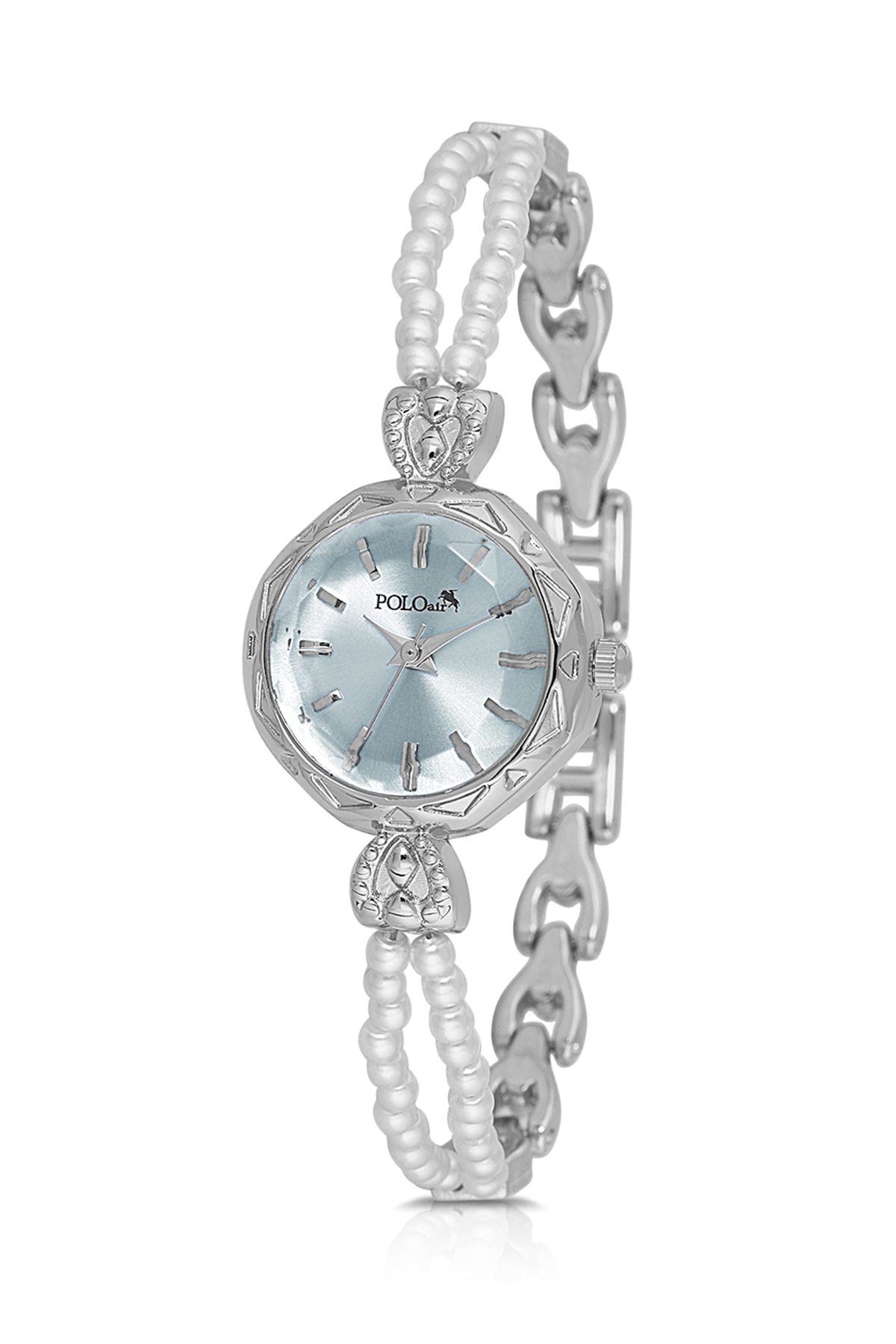 İnci Taşlı Görünümlü Kordon Kadın Kol Saati Parfüm Bordo Kutsunda Set Gümüş Mavi Renk St-2174S5 Mavi St-2174S5