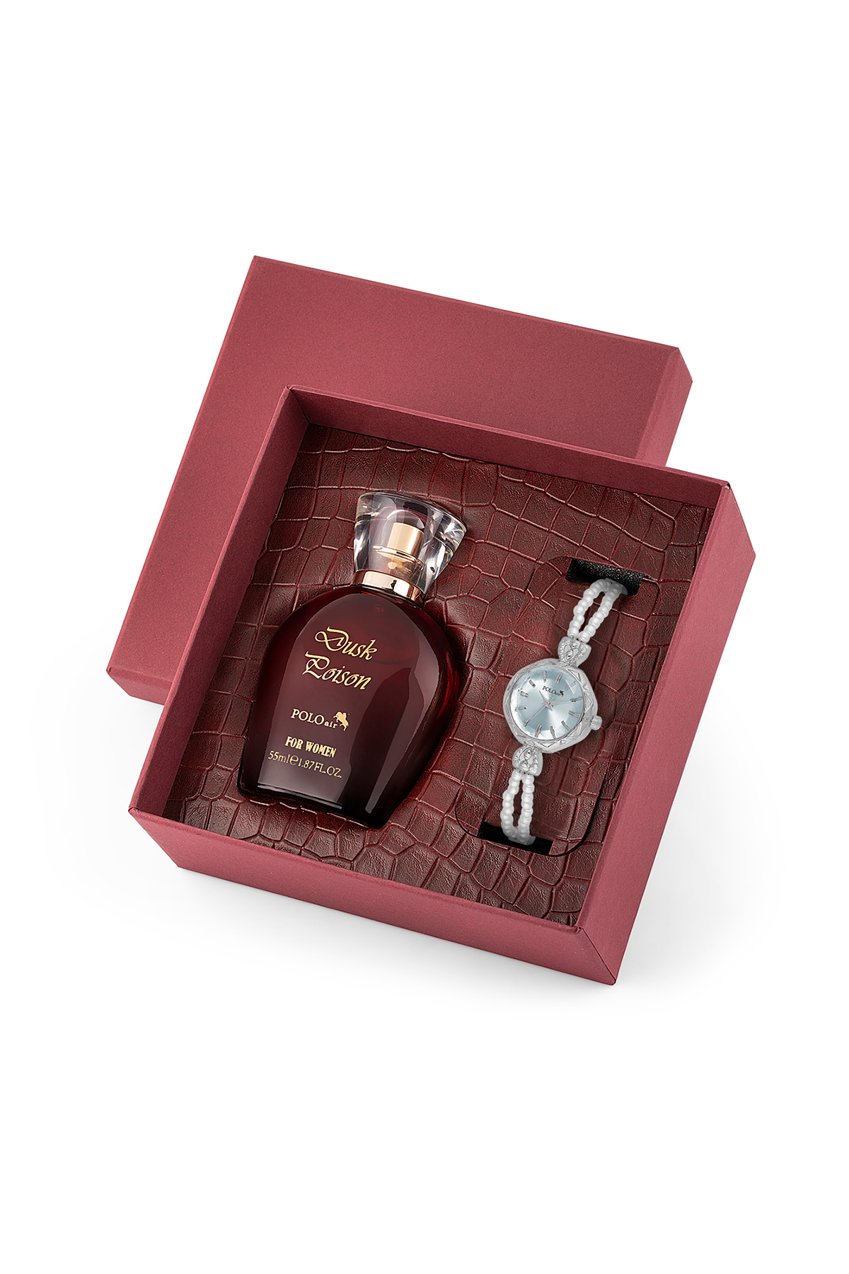 İnci Taşlı Görünümlü Kordon Kadın Kol Saati Parfüm Bordo Kutsunda Set Gümüş Mavi Renk St-2174S5 Mavi St-2174S5