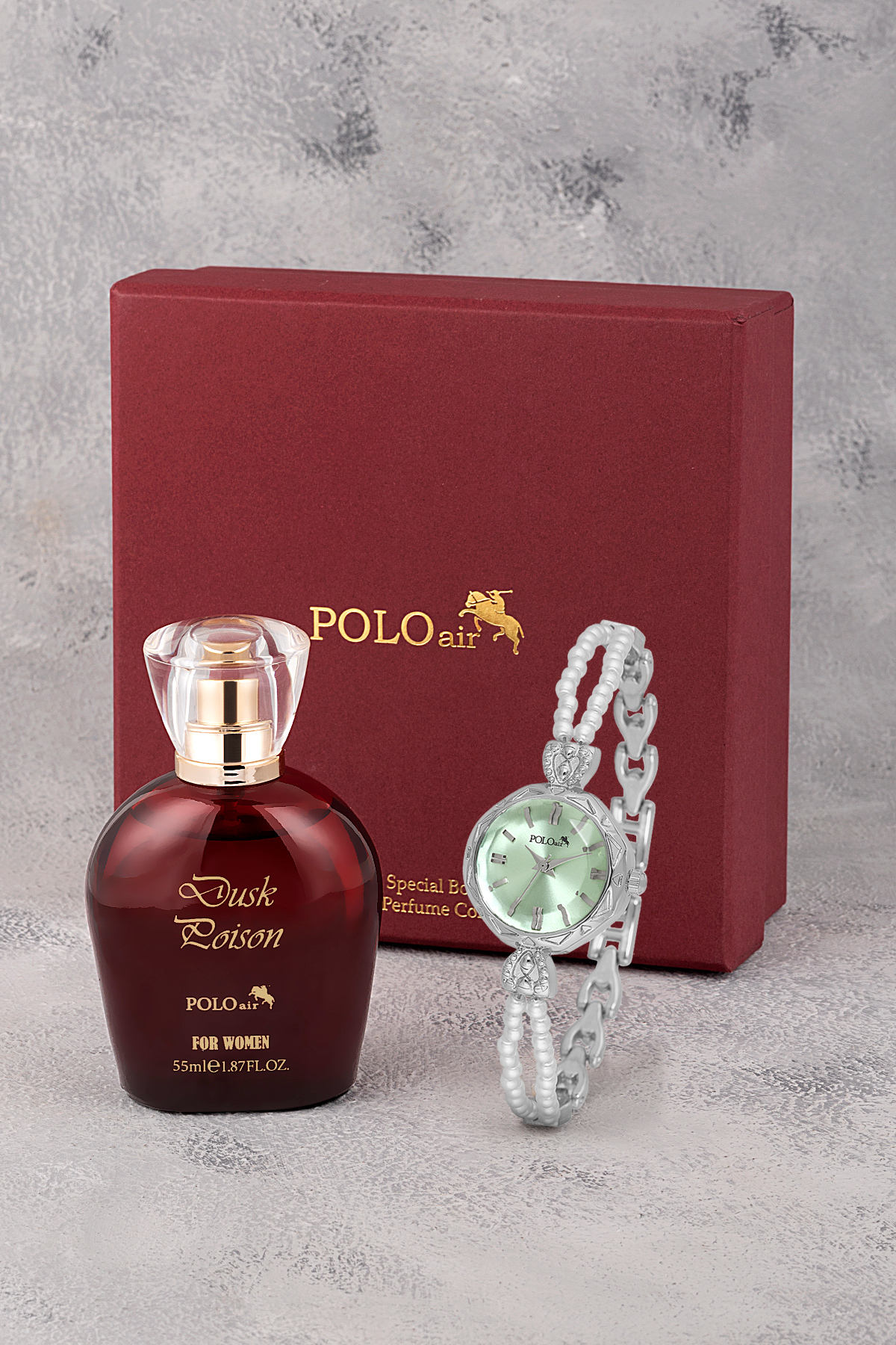 İnci Taşlı Görünümlü Kordon Kadın Kol Saati Parfüm Bordo Kutsunda Set Gümüş Yeşil Renk St-2174S3 Yeşil St-2174S3