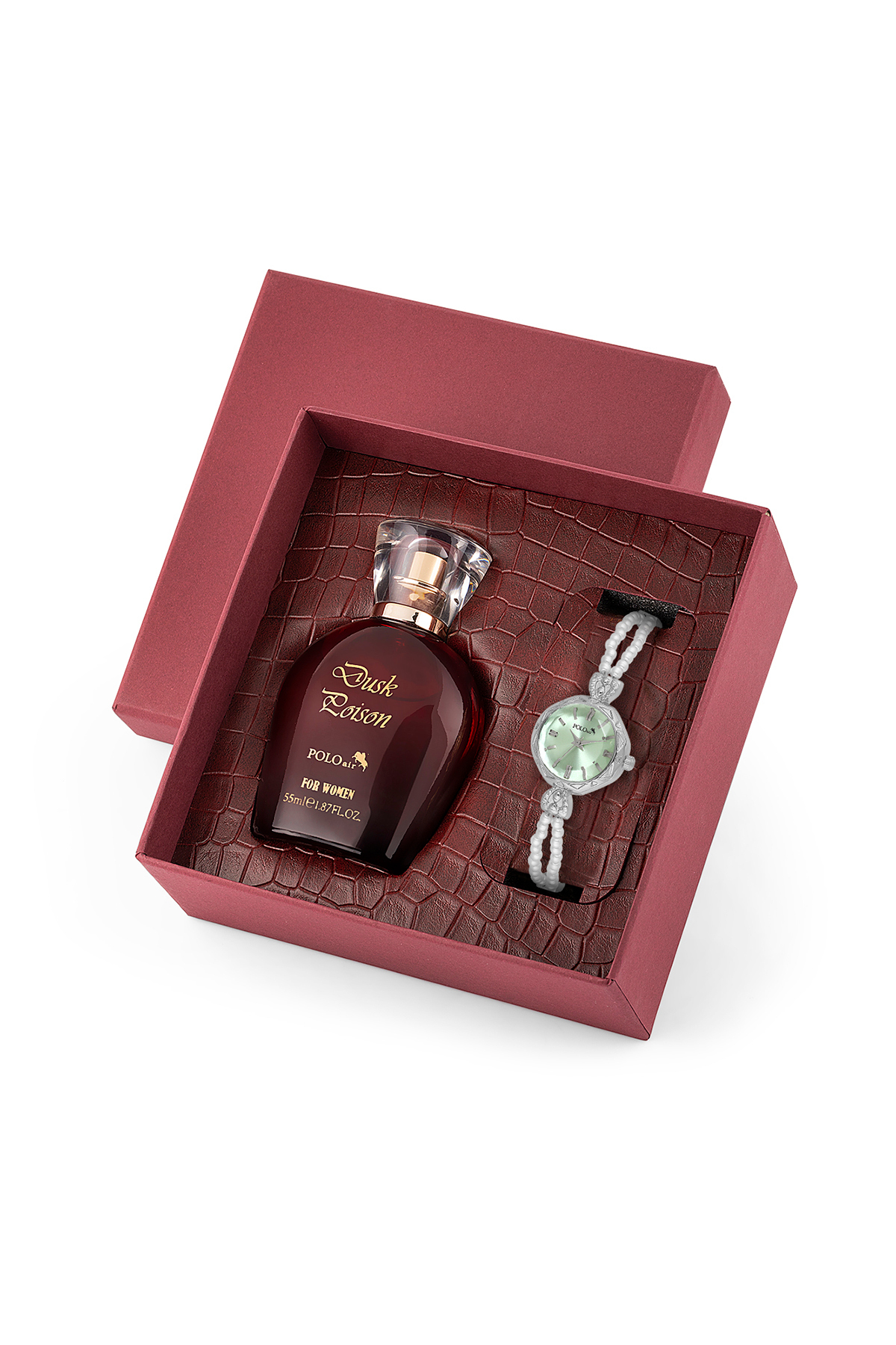 İnci Taşlı Görünümlü Kordon Kadın Kol Saati Parfüm Bordo Kutsunda Set Gümüş Yeşil Renk St-2174S3 Yeşil St-2174S3