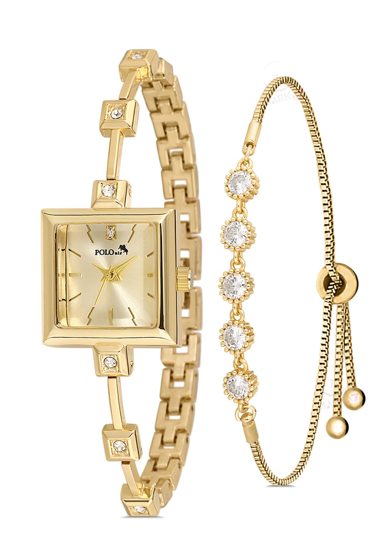 Kare Kasa Taşlı Kordon Kadın Kol Saati Zirkon Taşlı 5 Taş Bileklik Kombin Gold Renk Pl-1543B1 Gold Pl-1543B1
