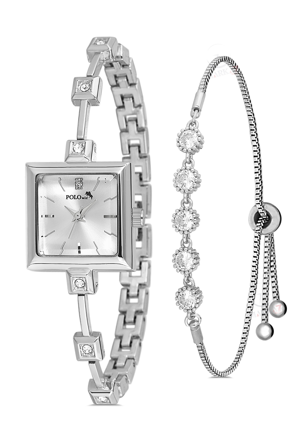 Kare Kasa Taşlı Kordon Kadın Kol Saati Zirkon Taşlı 5 Taş Bileklik Kombin Gümüş Renk Pl-1543B2 Gri Pl-1543B2