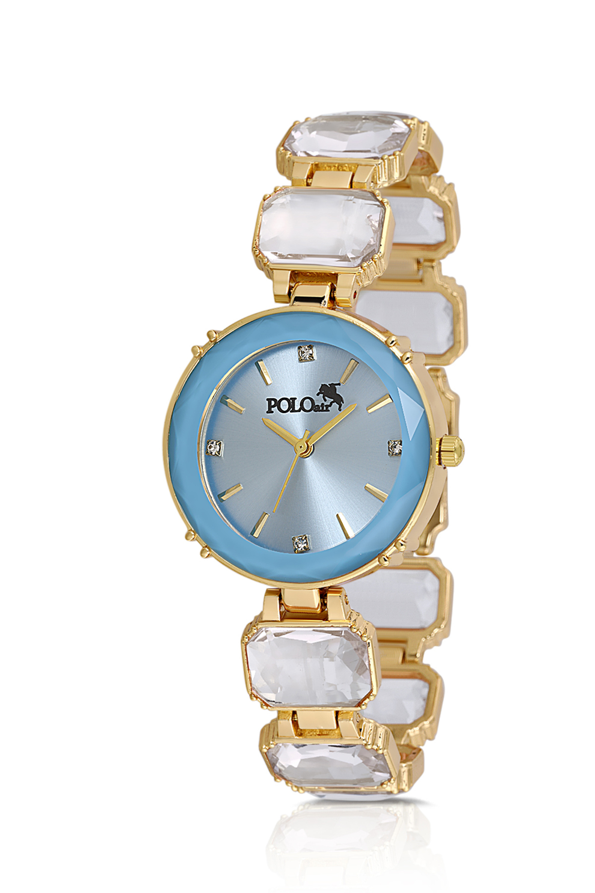 Lüx Taşlı Kordon Kadın Kol Saati Zirkon Taşlı Yuvarlak Bileklik Kombin Mavi Gold Renk Pl-1533B4 Mavi Pl-1533B4