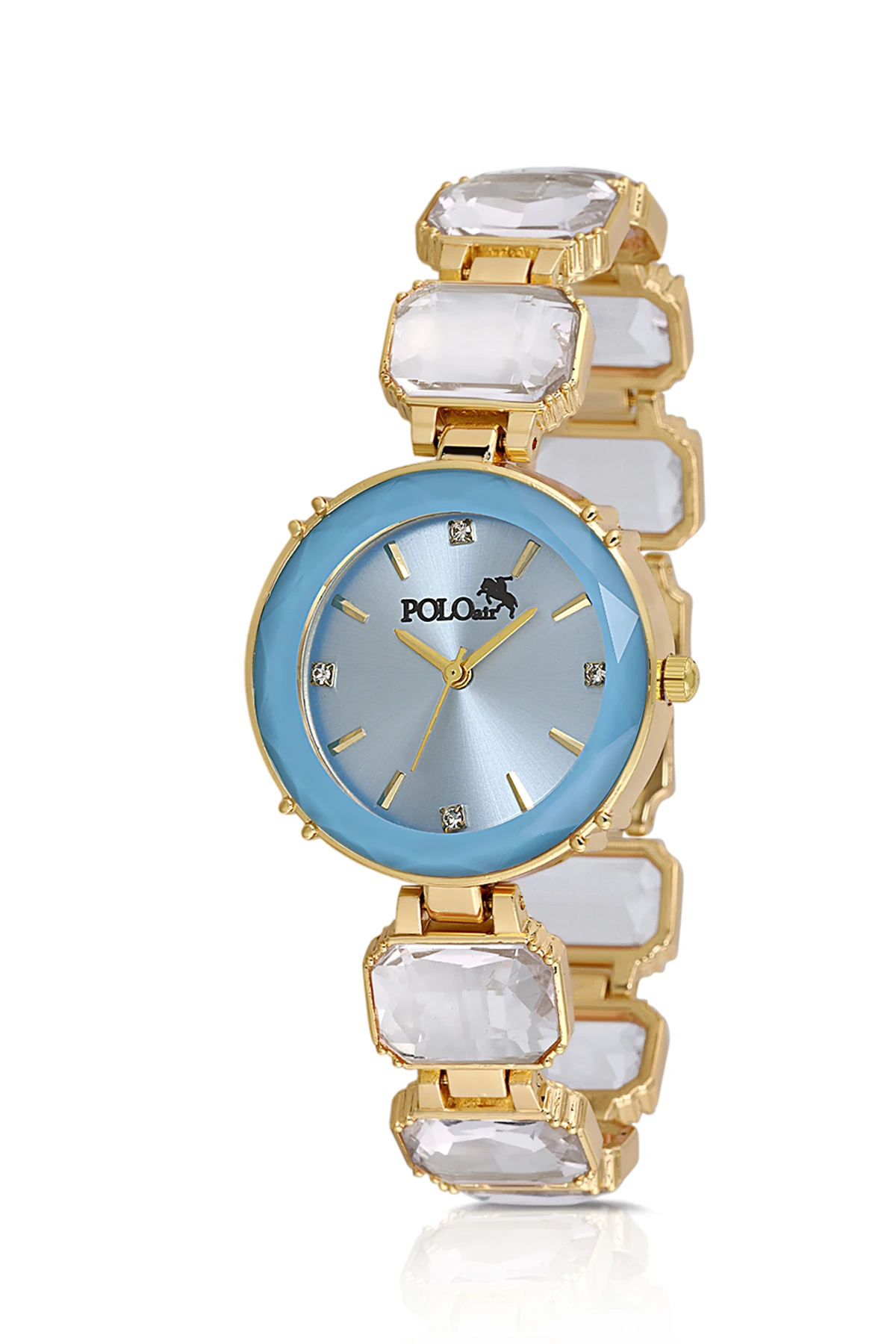 Lüx Taşlı Kordon Kadın Kol Saati Zirkon Taşlı Yuvarlak Bileklik Kombin Mavi Gold Renk Pl-1533B4 Mavi Pl-1533B4