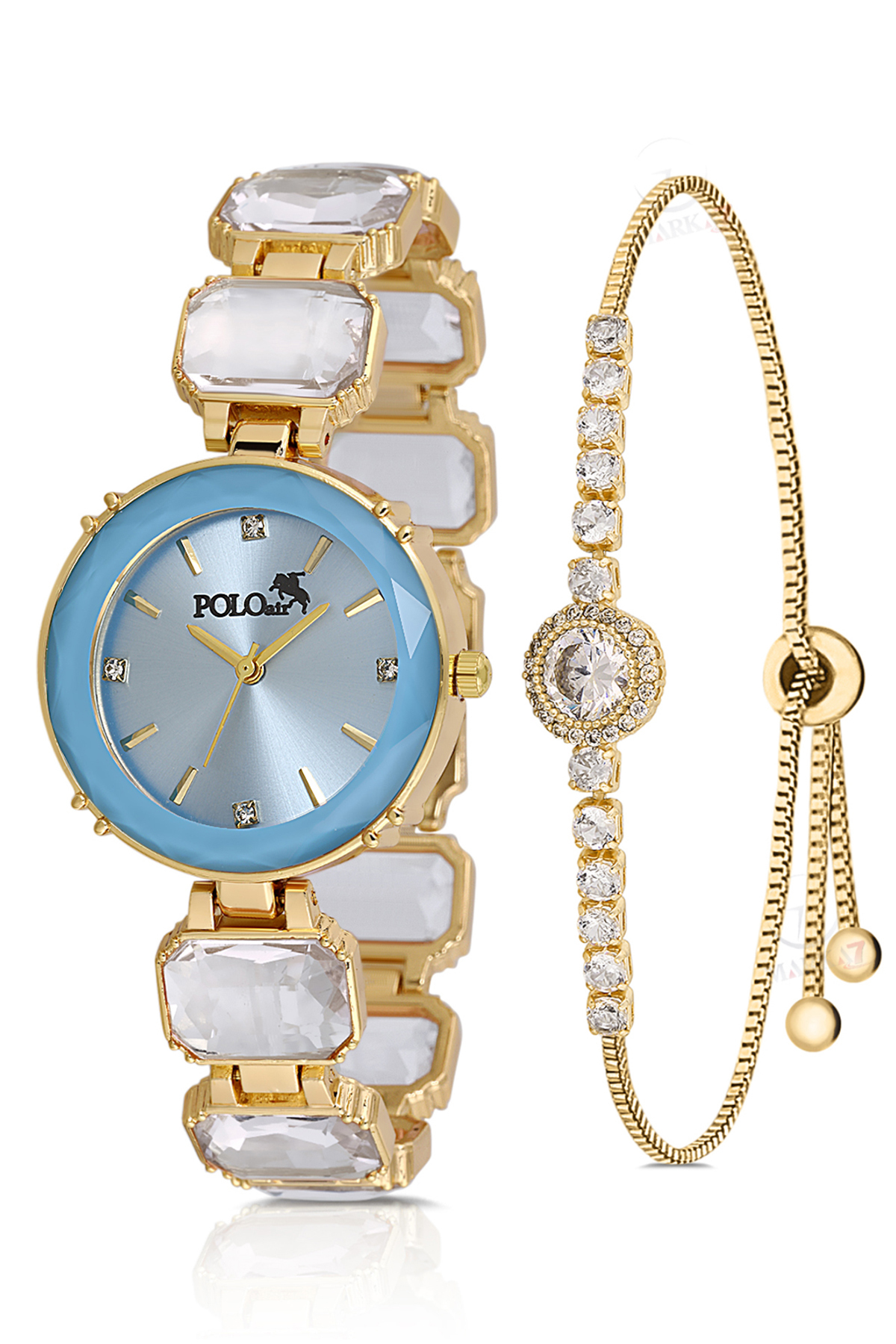 Lüx Taşlı Kordon Kadın Kol Saati Zirkon Taşlı Yuvarlak Bileklik Kombin Mavi Gold Renk Pl-1533B4 Mavi Pl-1533B4
