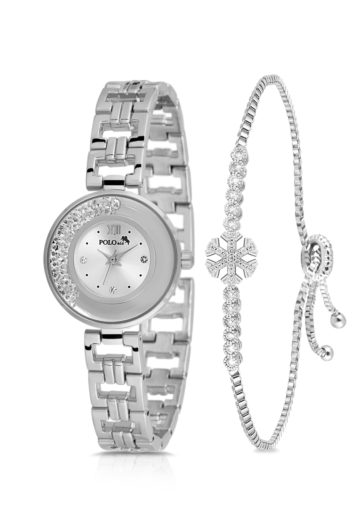 Lüx Taşlı Zincir Kordon Kadın Kol Saati Zirkon Taşlı Kartanesi Bileklik Kombin Gümüş Renk Pl-1539B2 Gri Pl-1539B2
