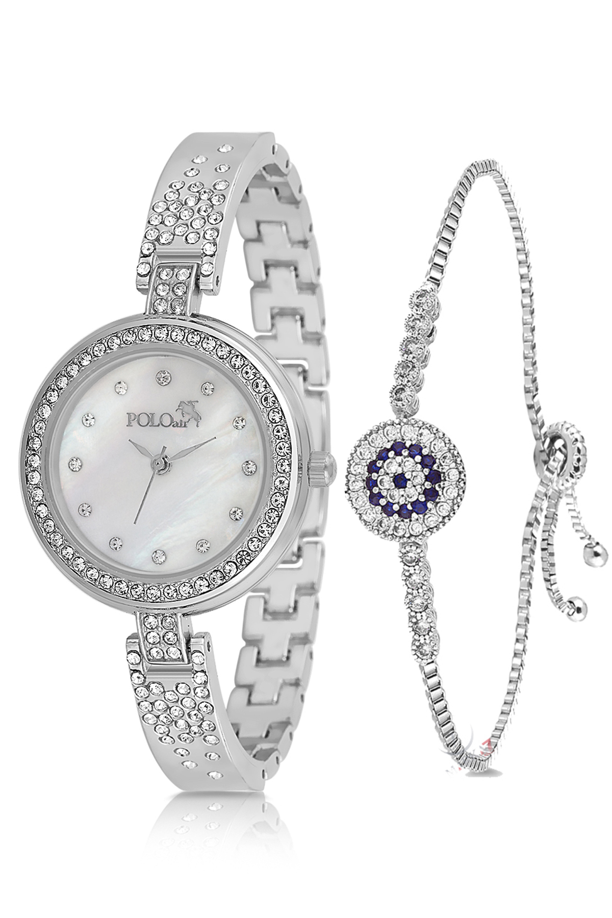 Retro Lüx Taşlı Kadın Kol Saati Zirkon Taşlı Nazar Bileklik Kombin Gümüş Renk Pl-1536B2 Gri Pl-1536B2