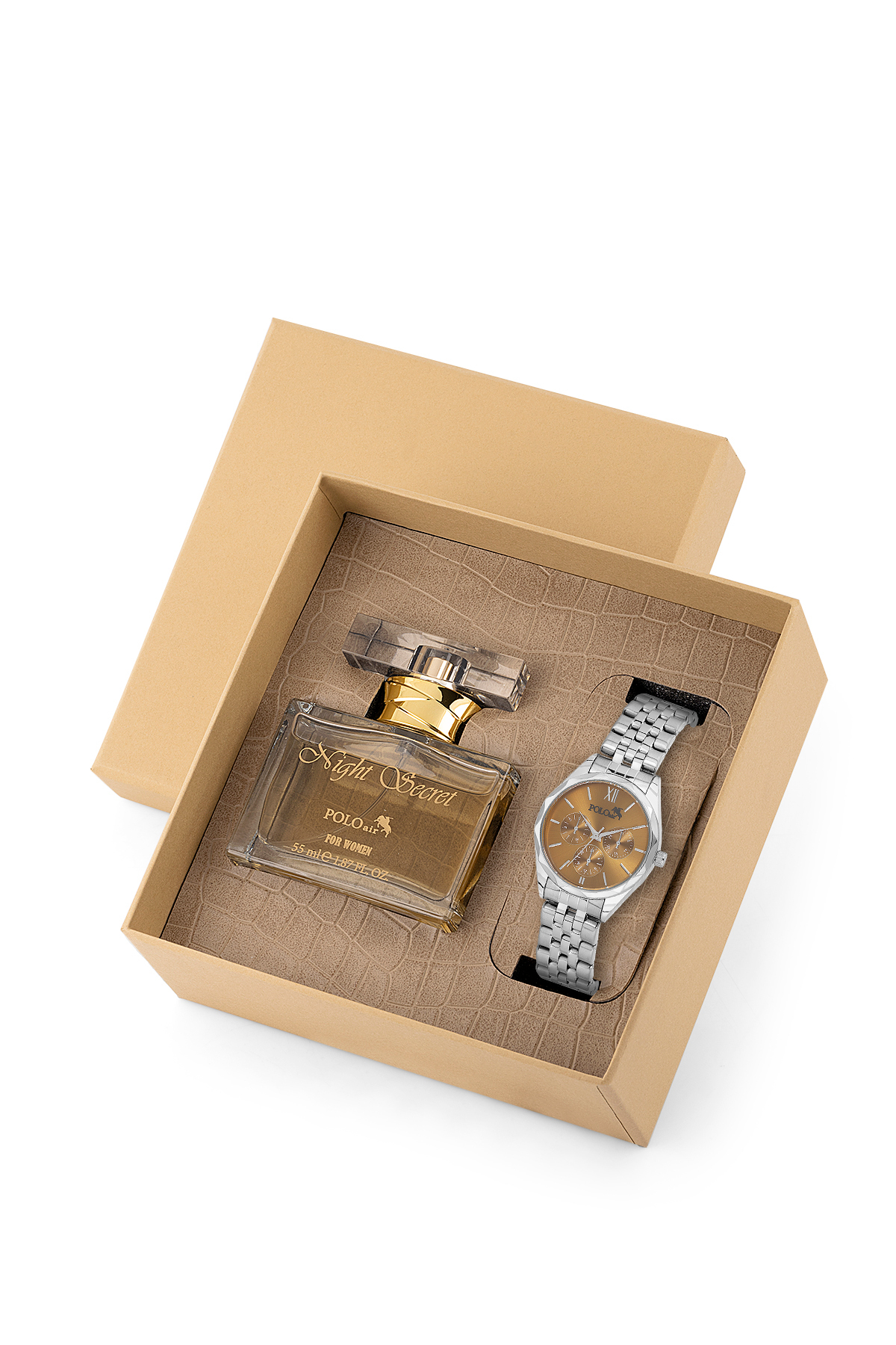 Spor Kadın Kol Saati Parfüm Seti Hediyelik Kutusunda Kombin Gümüş Kahve Renk St-2178S5 Kahverengi St-2178S5