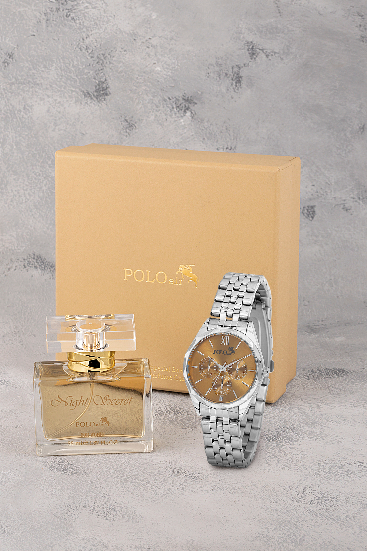 Spor Kadın Kol Saati Parfüm Seti Hediyelik Kutusunda Kombin Gümüş Kahve Renk St-2178S5 Kahverengi St-2178S5