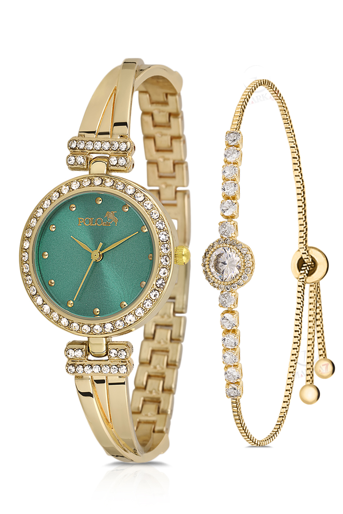 Vintage Kadın Kol Saati Zirkon Taşlı Yuvarlak Bileklik Kombin Gold Yeşil Renk Pl-1534B3 Yeşil Pl-1534B3