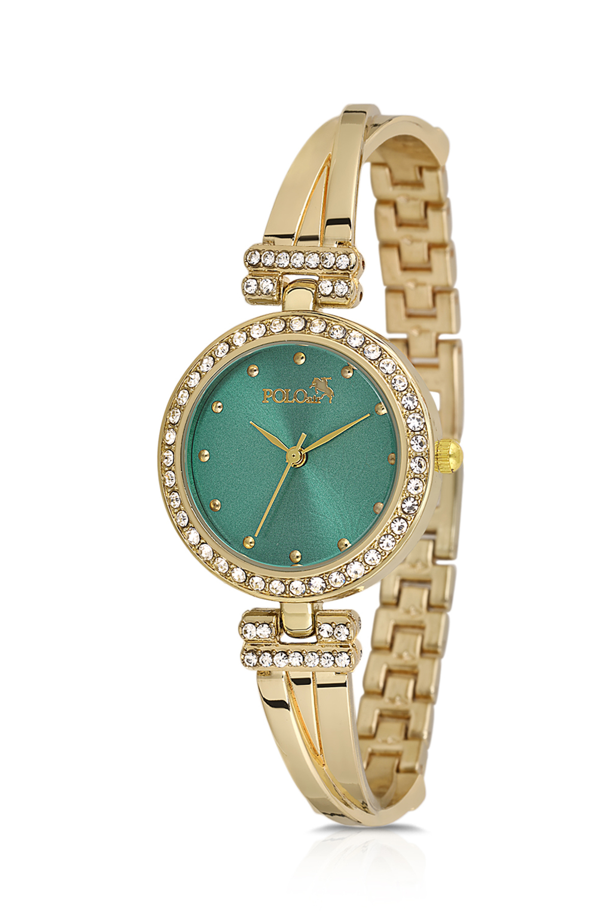 Vintage Kadın Kol Saati Zirkon Taşlı Yuvarlak Bileklik Kombin Gold Yeşil Renk Pl-1534B3 Yeşil Pl-1534B3