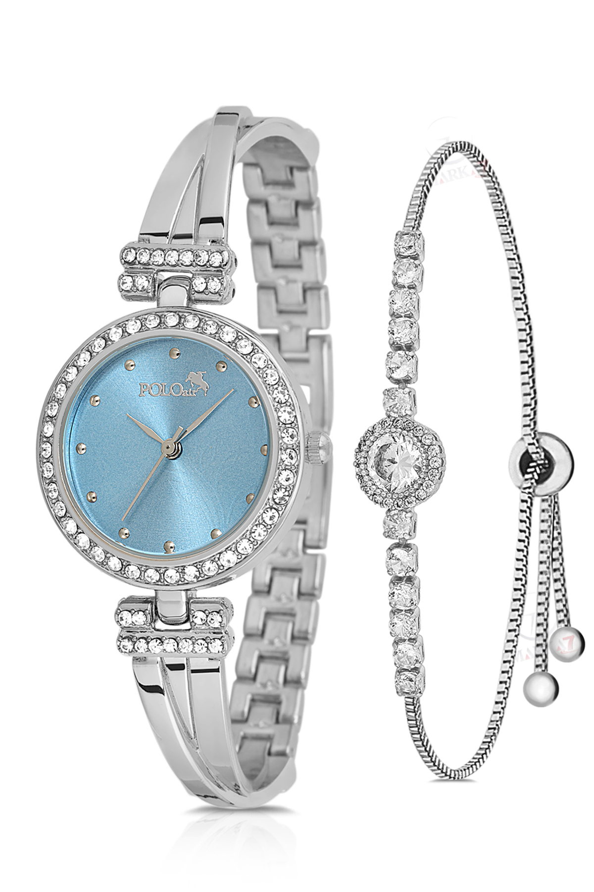 Vintage Kadın Kol Saati Zirkon Taşlı Yuvarlak Bileklik Kombin Gümüş Mavi Renk Pl-1534B5 Mavi Pl-1534B5