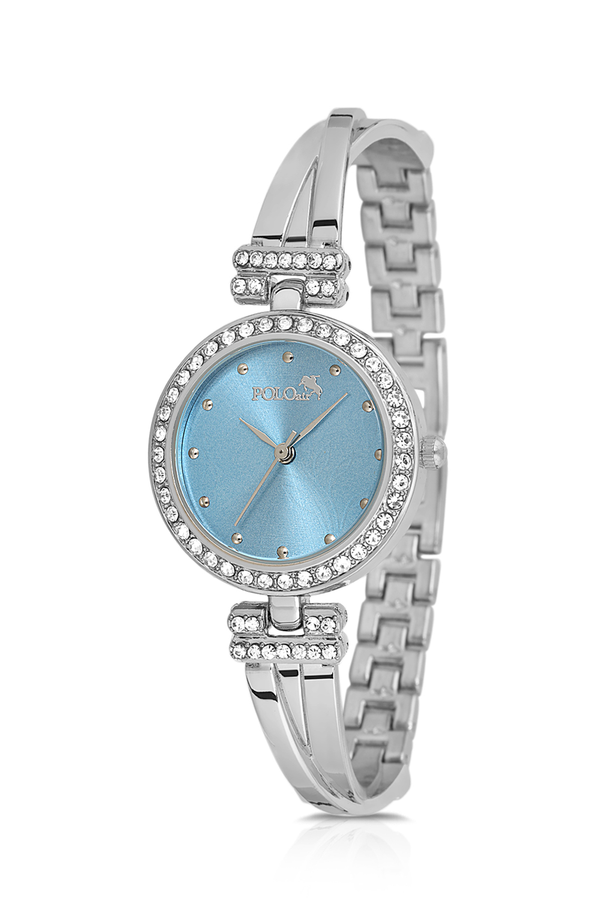 Vintage Kadın Kol Saati Zirkon Taşlı Yuvarlak Bileklik Kombin Gümüş Mavi Renk Pl-1534B5 Mavi Pl-1534B5
