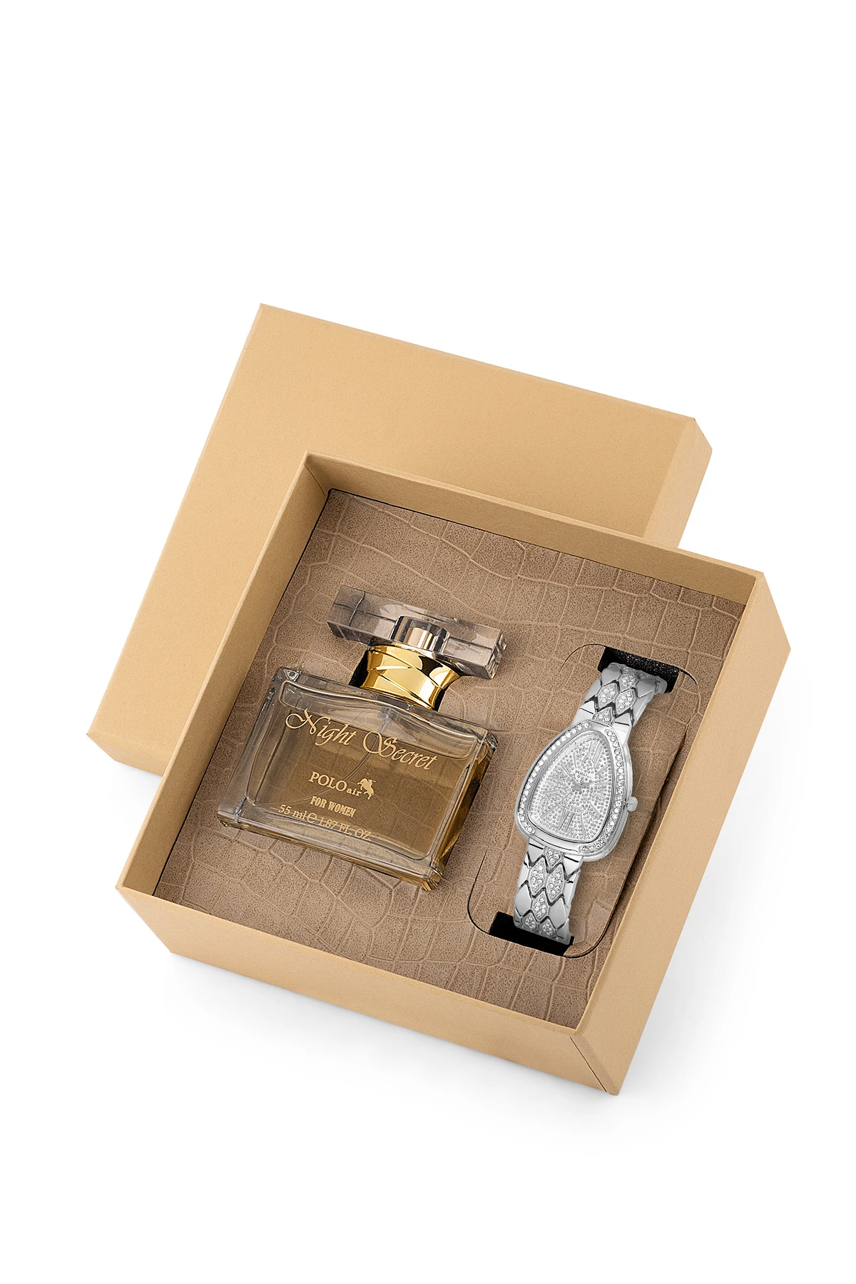 Yılan Desen Kol Saati Parfüm Seti Hediyelik Kutusunda Kombin Gümüş Renk St-2179S2 Gri St-2179S2