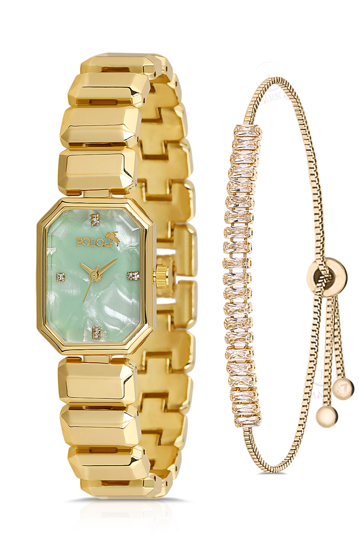 Zarif Dikdörtgen Kasa Kadın Kol Saati Zirkon Taşlı Baget Bileklik Kombin Gold Yeşil Renk Pl-1532B3 Yeşil Pl-1532B3