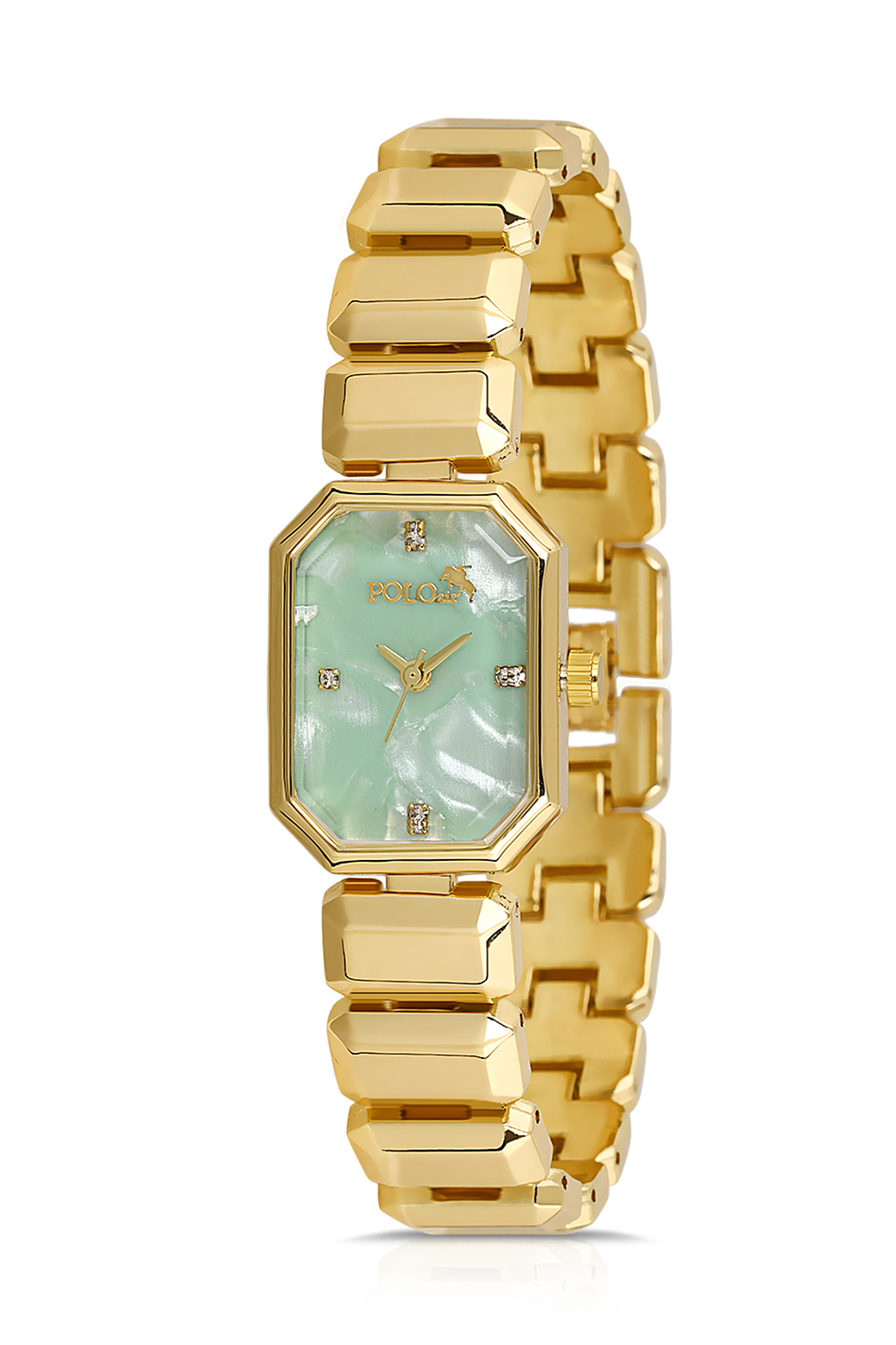 Zarif Dikdörtgen Kasa Kadın Kol Saati Zirkon Taşlı Baget Bileklik Kombin Gold Yeşil Renk Pl-1532B3 Yeşil Pl-1532B3