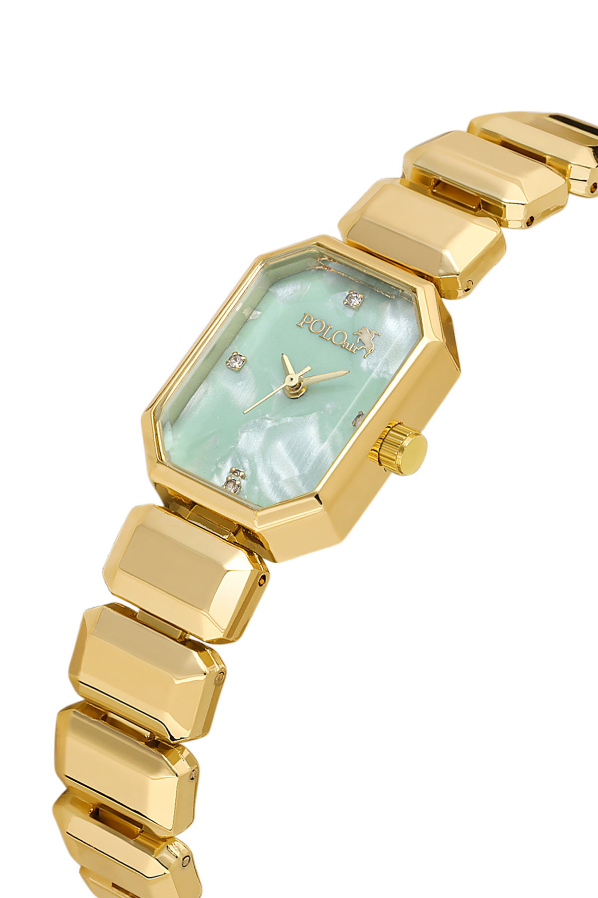 Zarif Dikdörtgen Kasa Kadın Kol Saati Zirkon Taşlı Baget Bileklik Kombin Gold Yeşil Renk Pl-1532B3 Yeşil Pl-1532B3