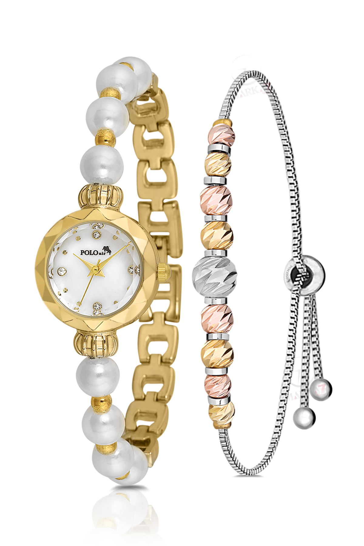 Zarif İnci Görünümlü Kadın Kol Saati Dorika Bileklik Kombin Gold Beyaz Renk Pl-1530B1 Sarı Pl-1530B1
