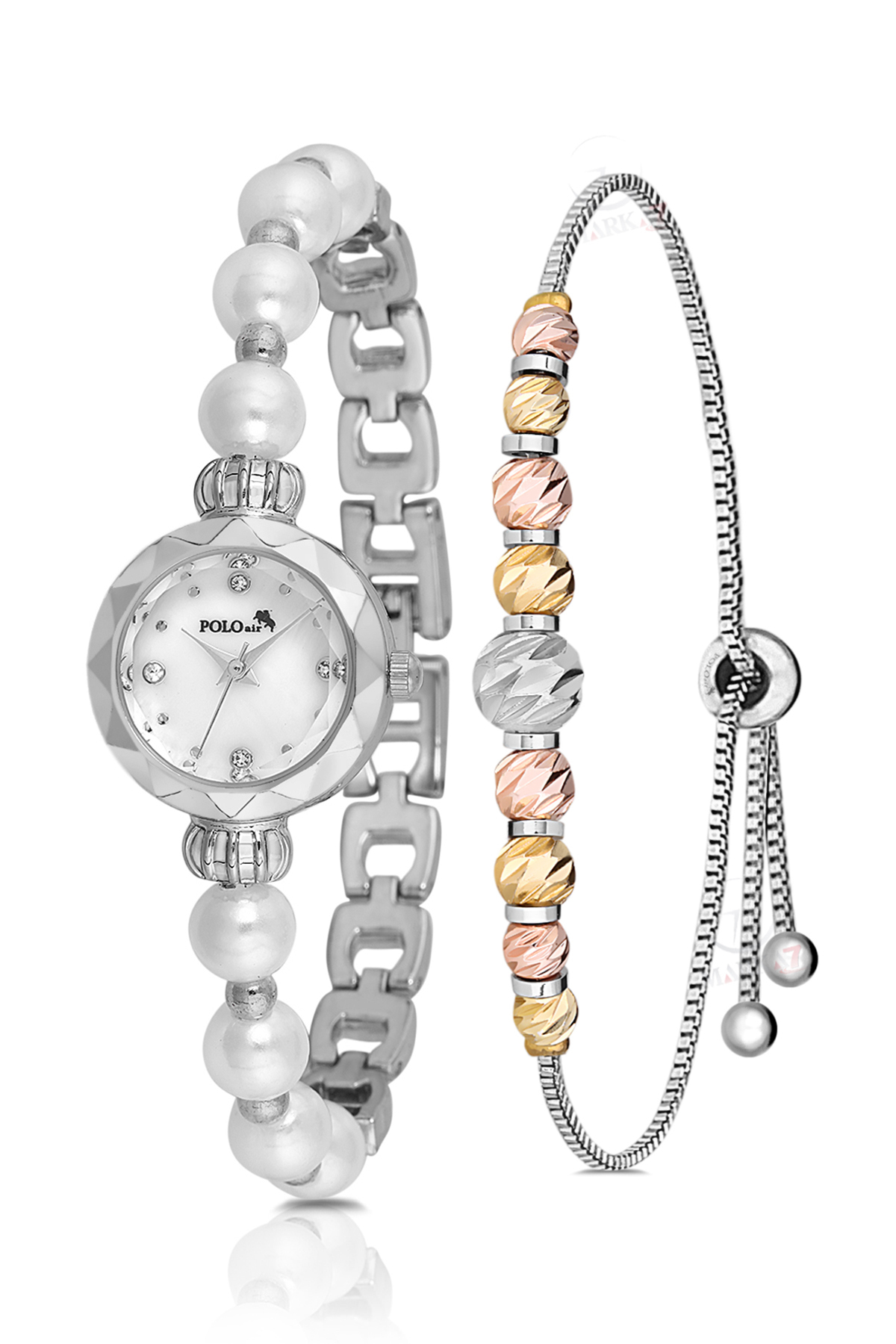Zarif İnci Görünümlü Kadın Kol Saati Dorika Bileklik Kombin Gümüş Beyaz Renk Pl-1530B2 Gri Pl-1530B2