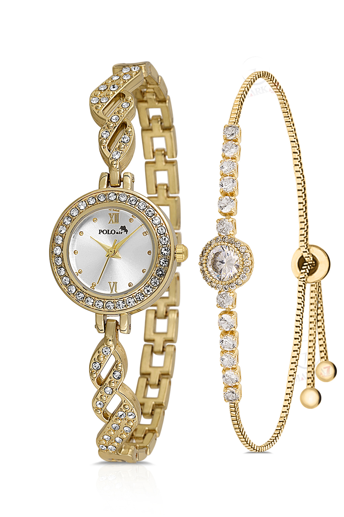 Zarif Vintage Kadın Kol Saati Zirkon Taşlı Yuvarlak Bileklik Kombin Gold Renk Pl-1538B1 Sarı Pl-1538B1