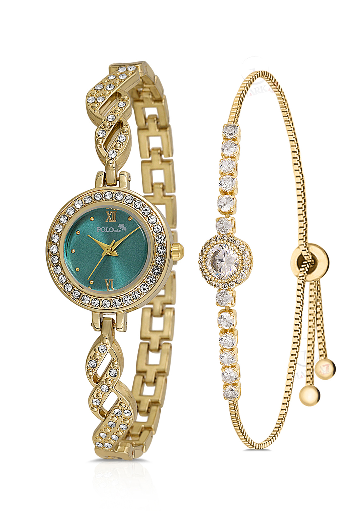 Zarif Vintage Kadın Kol Saati Zirkon Taşlı Yuvarlak Bileklik Kombin Gold Yeşil Renk Pl-1538B3 Yeşil Pl-1538B3