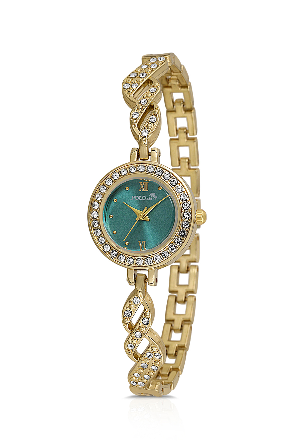 Zarif Vintage Kadın Kol Saati Zirkon Taşlı Yuvarlak Bileklik Kombin Gold Yeşil Renk Pl-1538B3 Yeşil Pl-1538B3