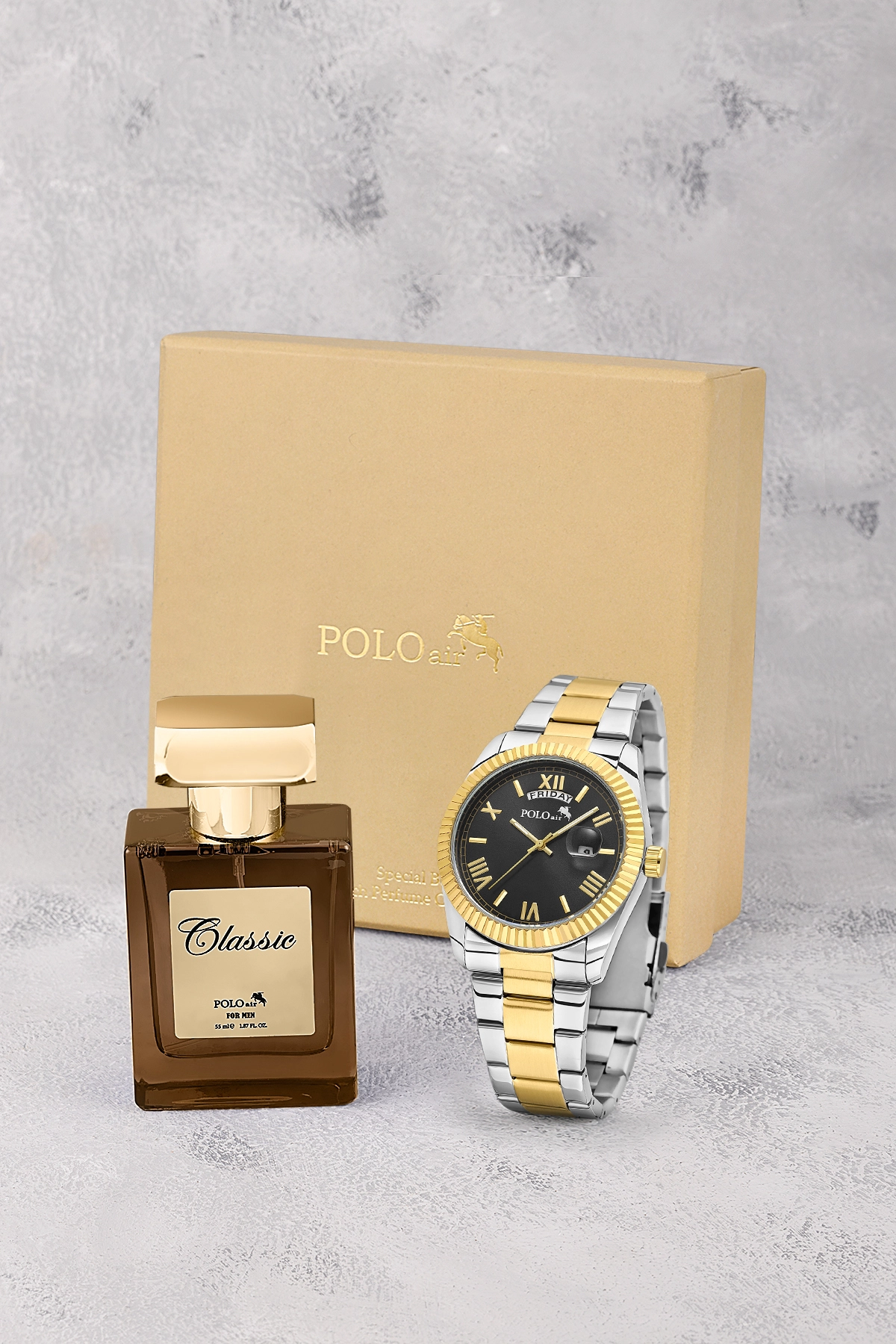 Ay Gün Gösterge Takvimli Erkek Kol Saati Ve 55 Ml Parfüm Seti Gold Gümüş Siyah Renk St-5014E6 Gold-Gümüş-Siyah St-5014E6