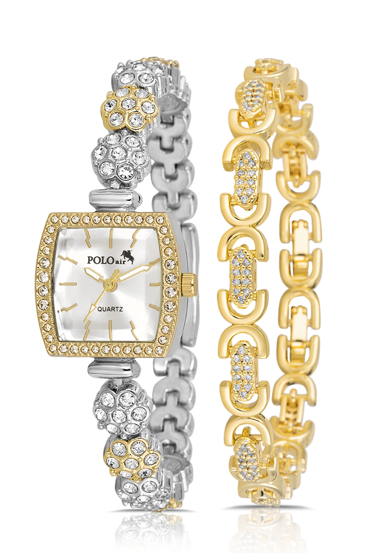 Çiçek Taşlı Kordon Kadın Kol Saati Oval Bileklik Kombin Gold Gümüş Renk Pl-1583B1 Altın Pl-1583B1