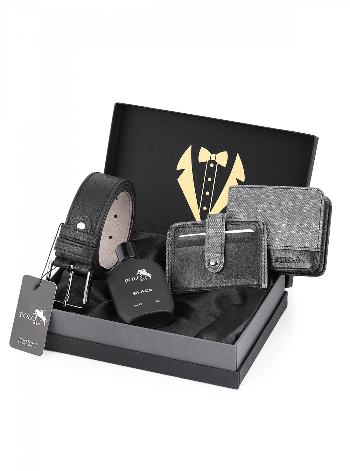 Erkek Damat Çeyiz Kravatlı 4'Lü Spor Şık Set: Kemer, Cüzdan, Kartlık, Parfüm
