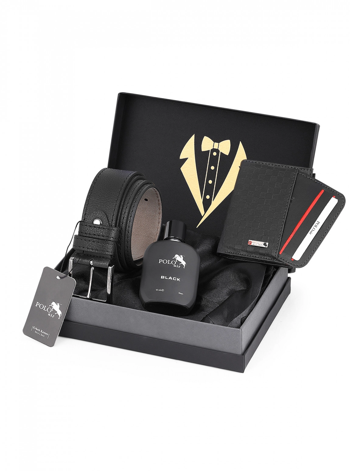 Erkek Damat Çeyiz Kravatlı Kutuda 4'Lü Dama Şık Set: Kemer, Cüzdan, Kartlık, Parfüm