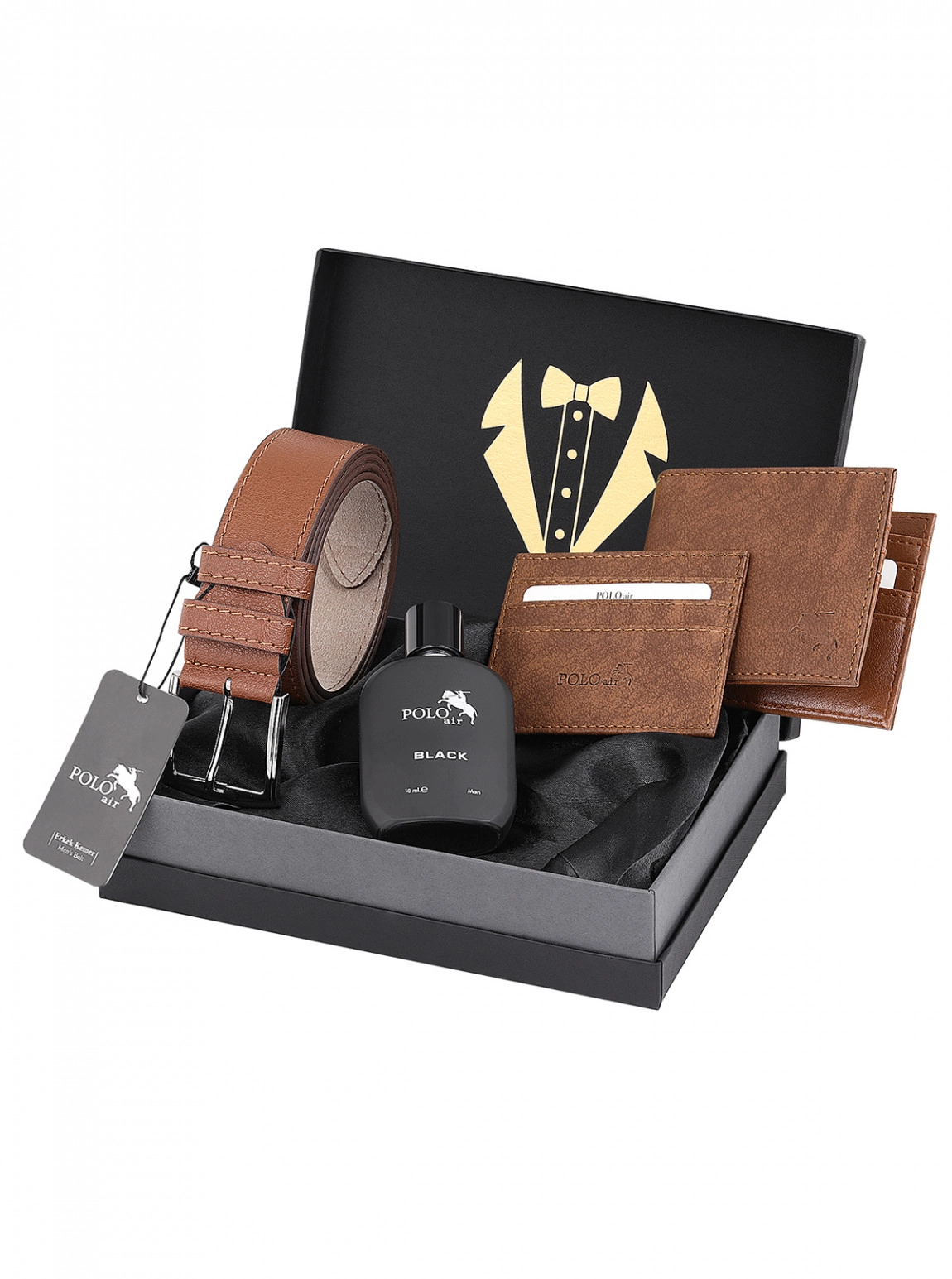 Erkek Damat Çeyiz Kutulu 4'Lü Profesyonel Koleksiyon Set: Kemer, Cüzdan, Kartlık, Parfüm