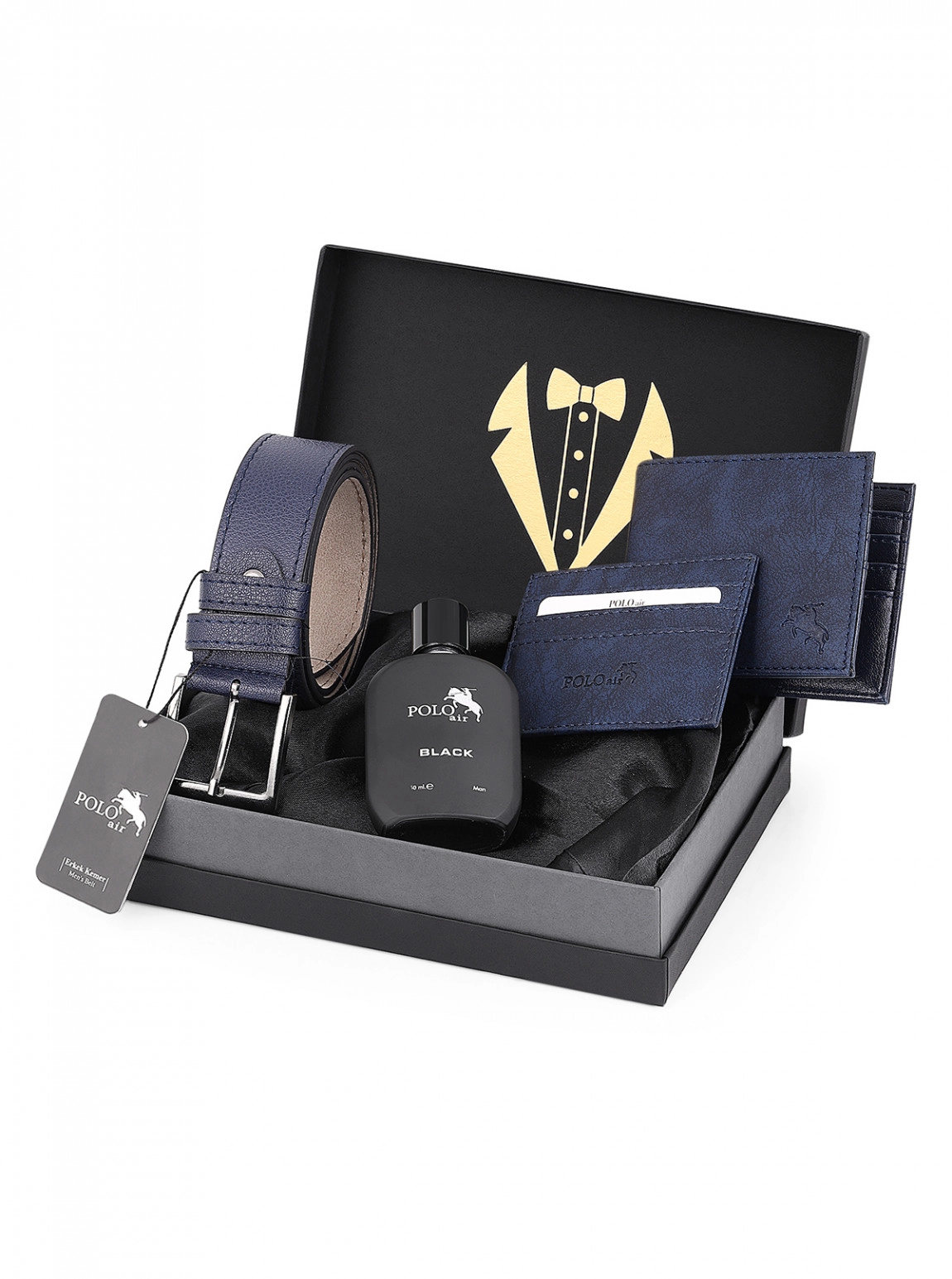 Erkek Damat Çeyiz Kutulu 4'Lü Profesyonel Koleksiyon Set: Kemer, Cüzdan, Kartlık, Parfüm