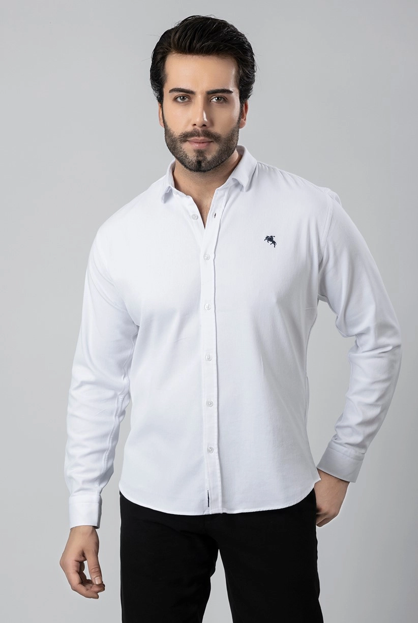 Erkek Gömlek Slimfit Likralı Kumaş Uzun Kol PA-180 Beyaz Renk Lacivert Logo PA-180-BS