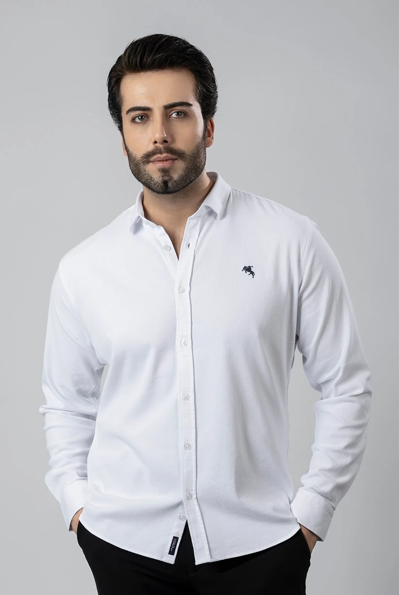 Erkek Gömlek Slimfit Likralı Kumaş Uzun Kol PA-180 Beyaz Renk Lacivert Logo PA-180-BS