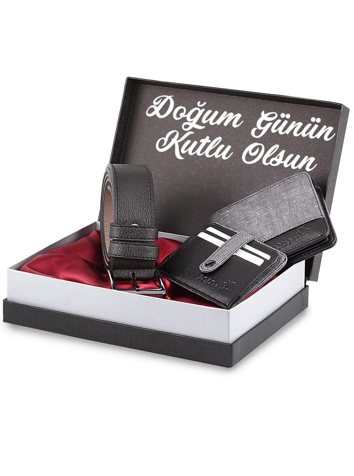 Erkek Gri Doğum Günün Kutlu Olsun Yazılı Kutulu Set Kemer Cüzdan Kartlık Kombin