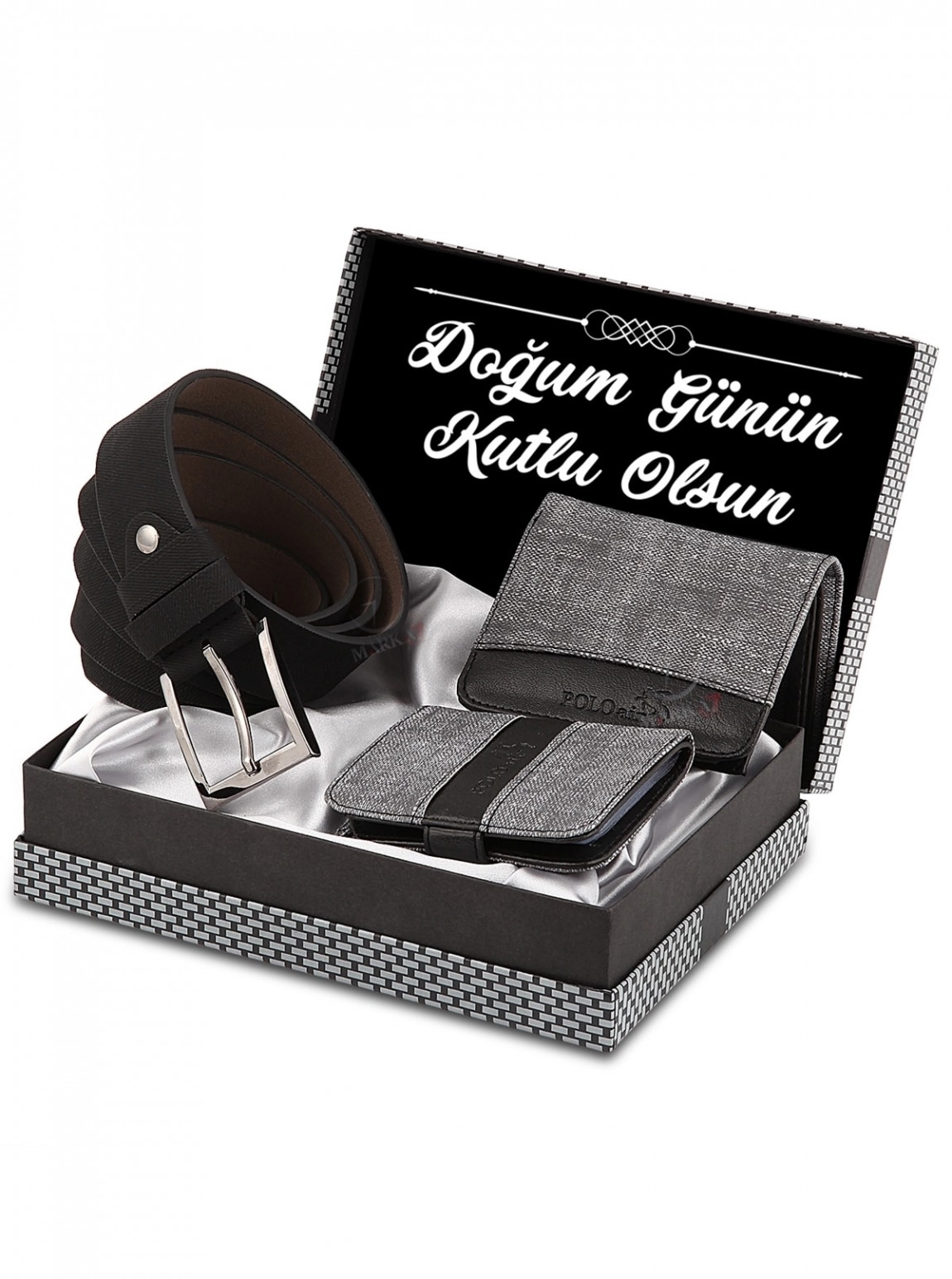 Erkek Gri Doğum Günün Kutlu Olsun Yazılı Set Kemer Cüzdan Kombin