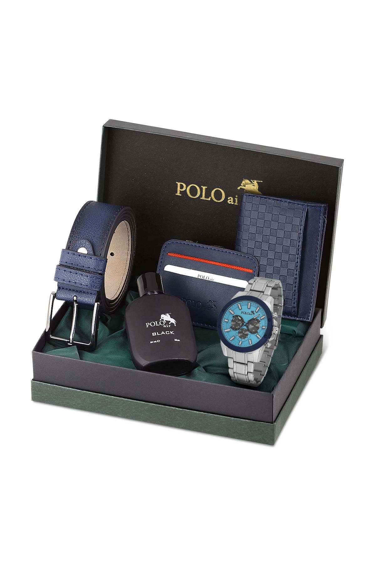 Erkek Kol Saati Dama Desen Cüzdan Kemer Kartlık Parfüm Kombin Set Gümüş Mavi Renk Pl-0992E2 Lacivert-Gümüş Pl-0992E2