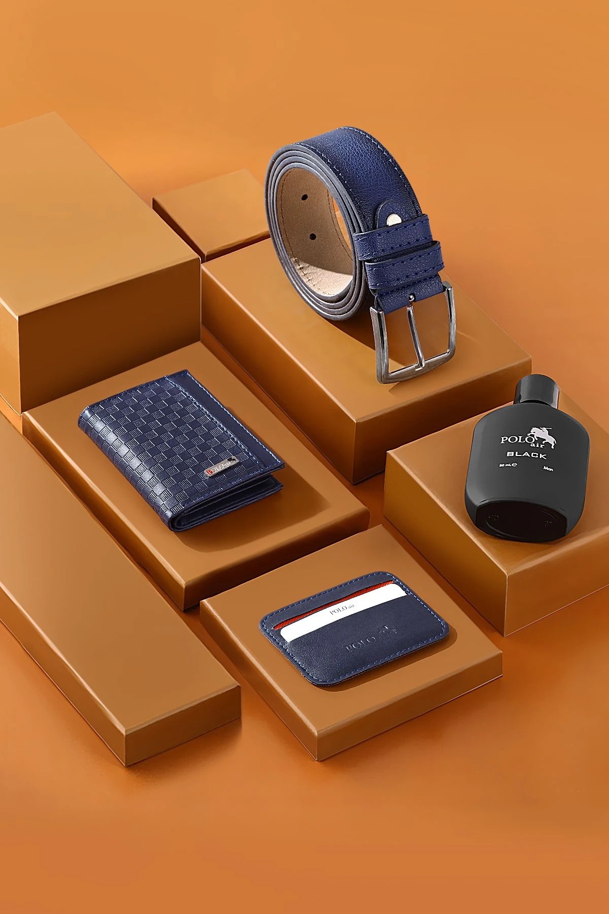 Erkek Kol Saati Dama Desen Cüzdan Kemer Kartlık Parfüm Kombin Set Gümüş Mavi Renk Pl-0992E2 Lacivert-Gümüş Pl-0992E2