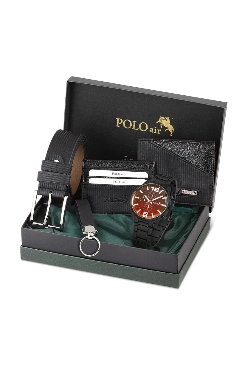 Erkek Kombin Set Kol Saati Cüzdan Kartlık Kemer Anahtarlık Özel Kutusunda Siyah Set PL-0793E1 PL-0793E1