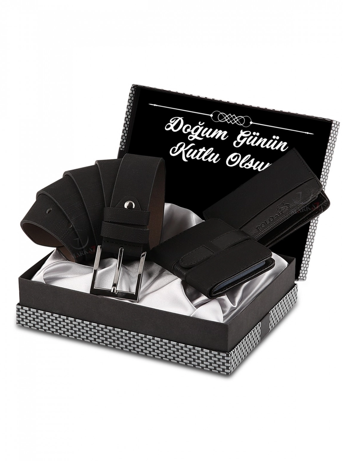 Erkek Siyah Doğum Günün Kutlu Olsun Yazılı  Kemer Cüzdan Kartlık Kombin Set