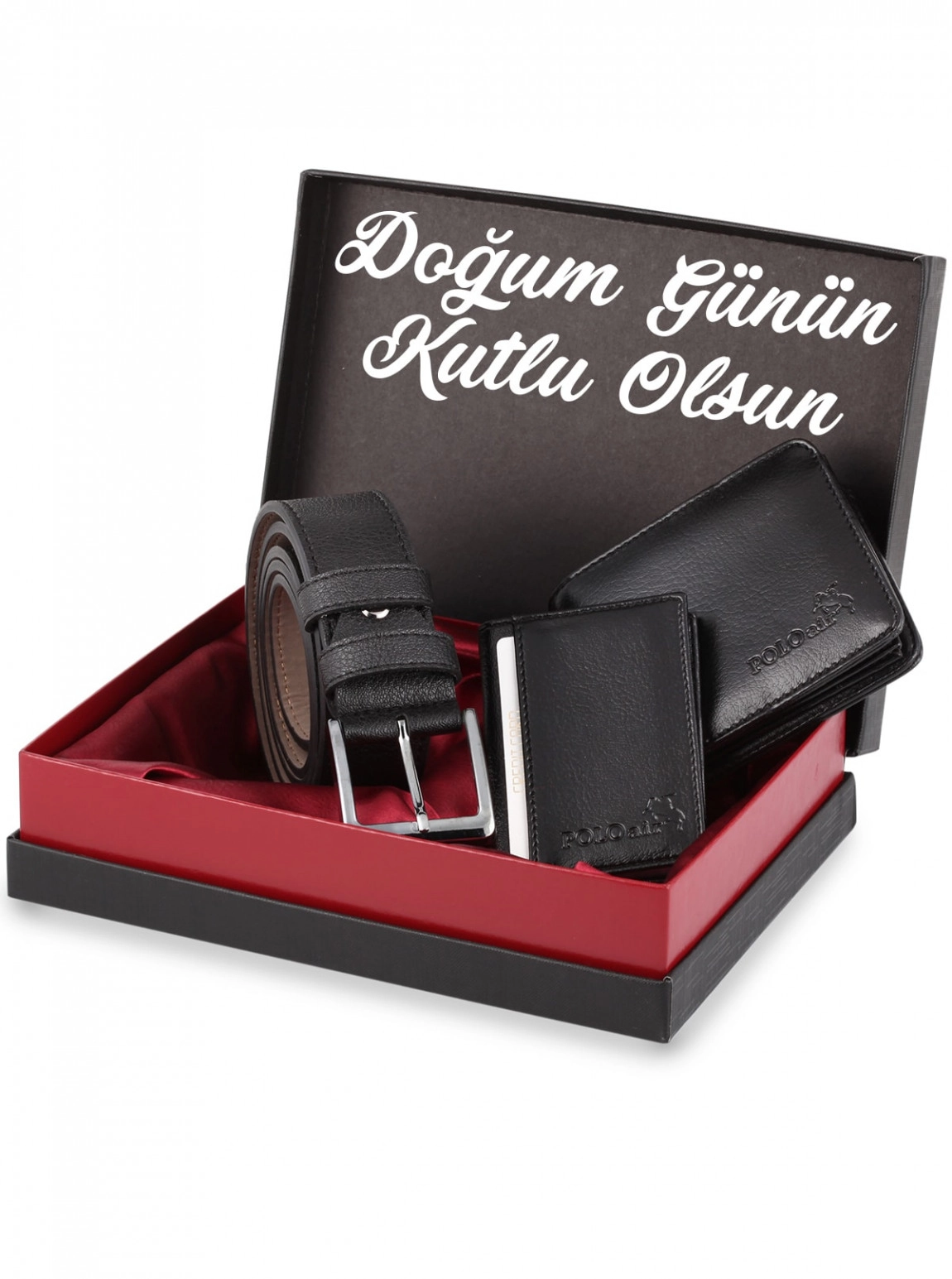 Erkek Siyah Doğum Günün Kutlu Olsun Yazılı Klasik Kutulu Set Kemer Cüzdan Kartlık Kombin
