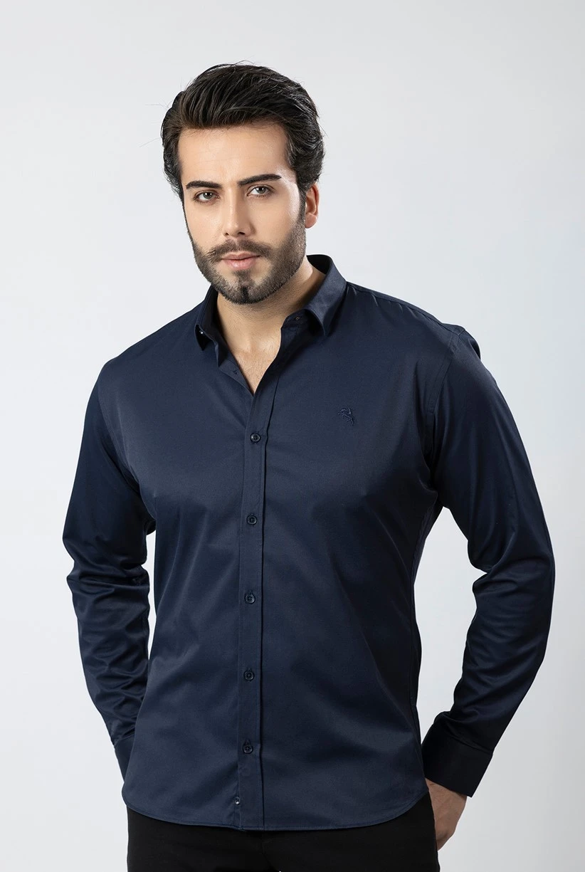 Erkek Uzun Kol Gömlek Slimfit Likralı Kumaş Pa-179 Lacivert Renk PA-179-LXL