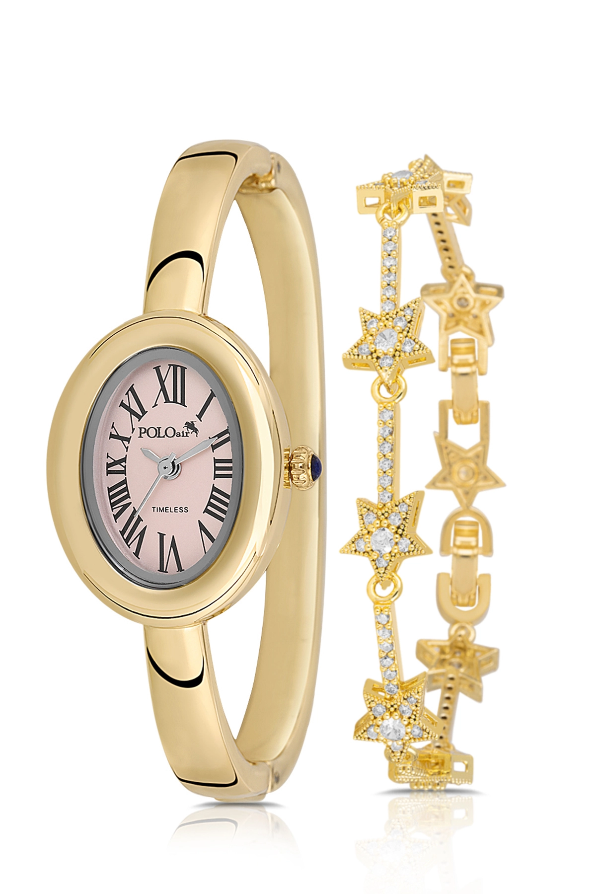 Kelepçeli Oval Kasa Kadın Kol Saati Yıldız Bileklik Kombin Gold Pembe Renk Pl-1589B5 Pembe Pl-1589B5