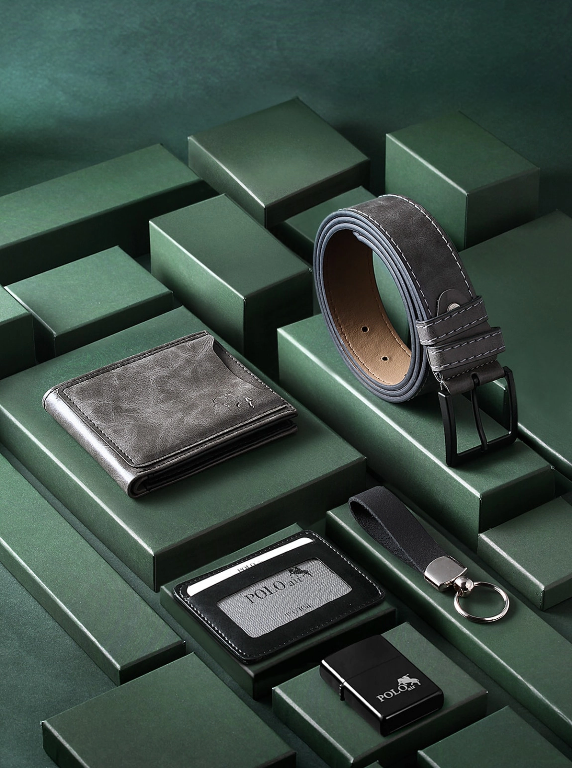 Kemer Cüzdan Kartlık Anahtarlık Çakmak Hediyelik Kutusunda Gri Set